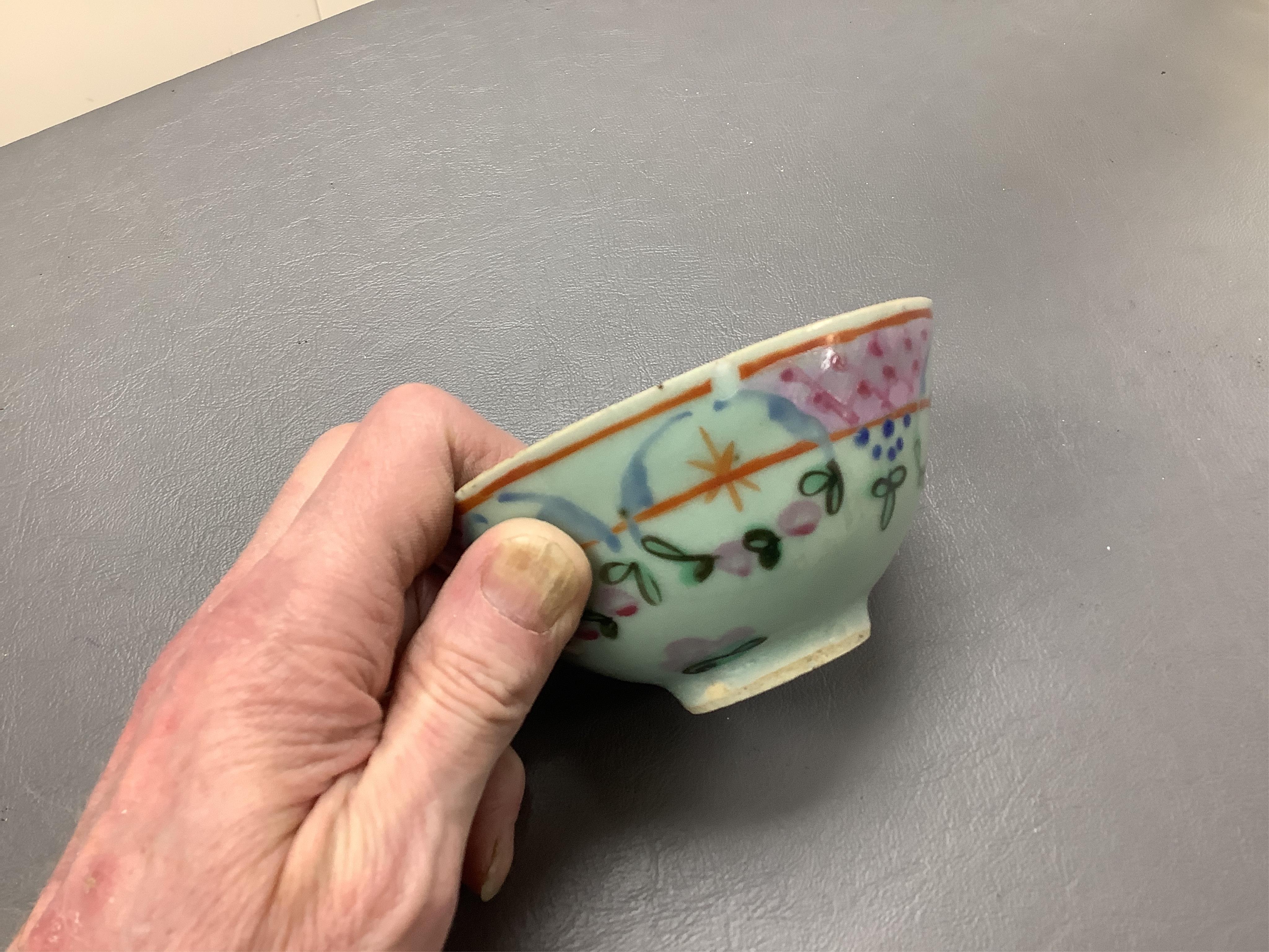 An 18th/19th century Chinese tea bowl and saucer, a punch bowl, two tea bowls and a Paris porcelain vase, largest 31cm